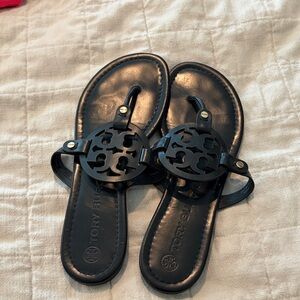 Tory Burch Black Leather Logo Miller Sandals with Embossed Insole